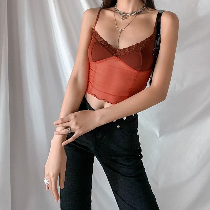 New style European and American small halter sexy lace see-through V-neck halter top semi-transparent trendy bestseller, versatile belly-baring vest