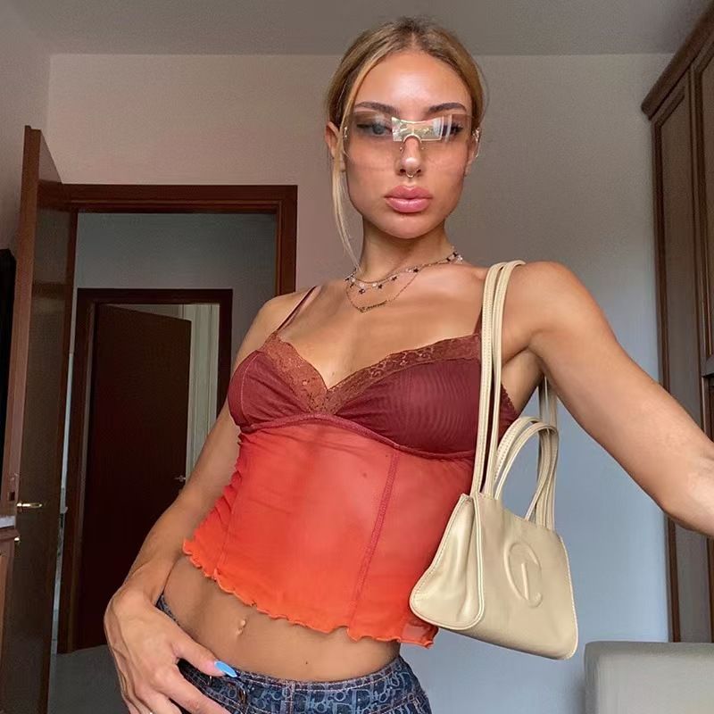 New style European and American small halter sexy lace see-through V-neck halter top semi-transparent trendy bestseller, versatile belly-baring vest