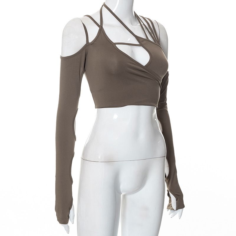 European and American ins style long-sleeve cut-out sexy girl strap-on new women's top pure color strap-on hanging neck belly exposed back sleeve women's top