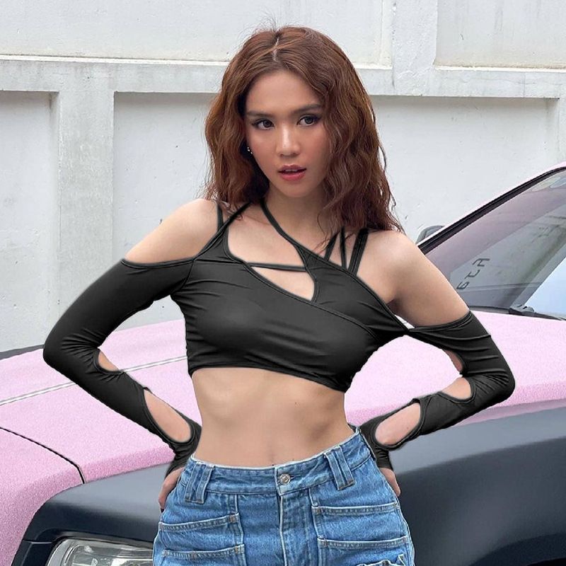 European and American ins style long-sleeve cut-out sexy girl strap-on new women's top pure color strap-on hanging neck belly exposed back sleeve women's top