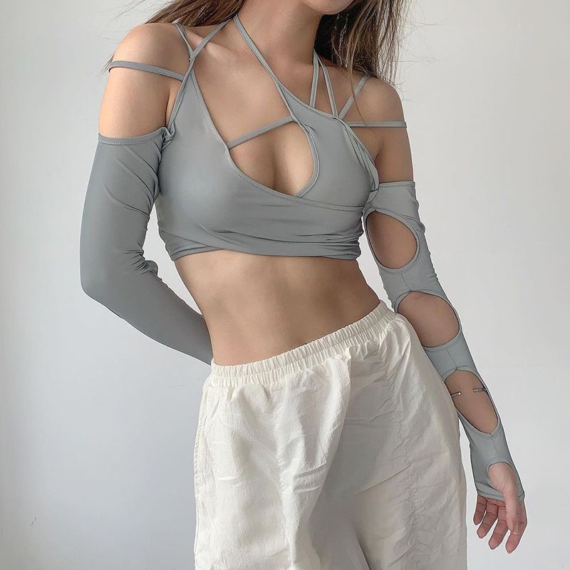 European and American ins style long-sleeve cut-out sexy girl strap-on new women's top pure color strap-on hanging neck belly exposed back sleeve women's top