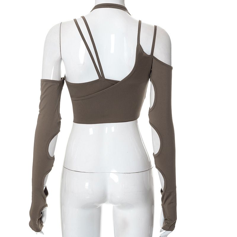 European and American ins style long-sleeve cut-out sexy girl strap-on new women's top pure color strap-on hanging neck belly exposed back sleeve women's top