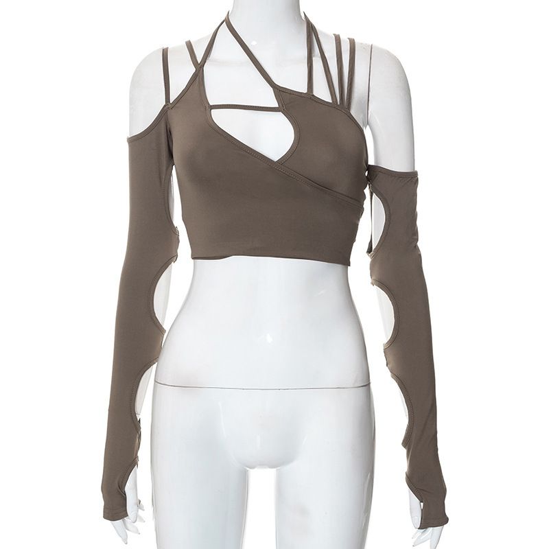 European and American ins style long-sleeve cut-out sexy girl strap-on new women's top pure color strap-on hanging neck belly exposed back sleeve women's top