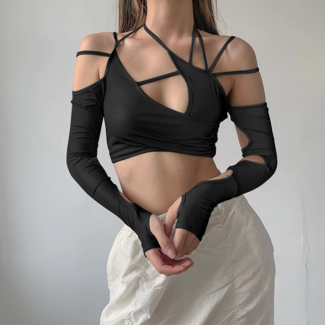 European and American ins style long-sleeve cut-out sexy girl strap-on new women's top pure color strap-on hanging neck belly exposed back sleeve women's top