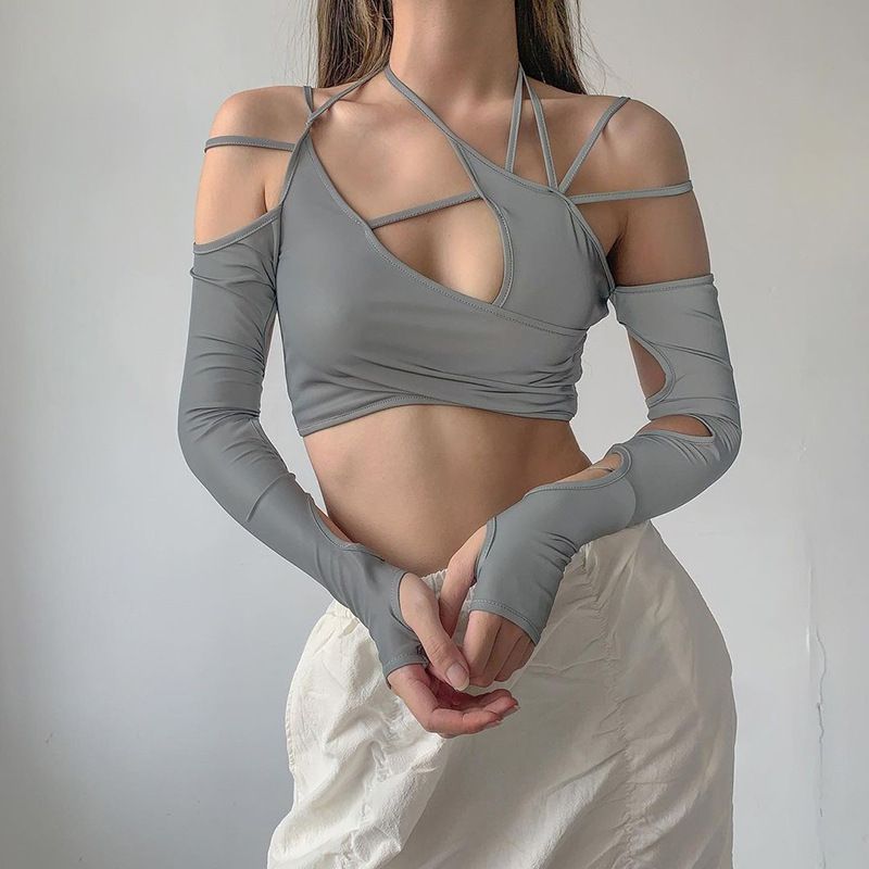 European and American ins style long-sleeve cut-out sexy girl strap-on new women's top pure color strap-on hanging neck belly exposed back sleeve women's top