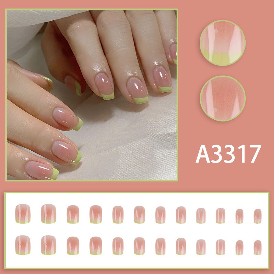 Spring new product green jumping color gradient French fresh nail ins style girly style little red book wearing nail 24 patch