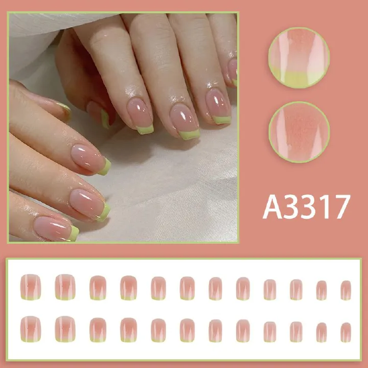 Spring new product green jumping color gradient French fresh nail ins style girly style little red book wearing nail 24 patch