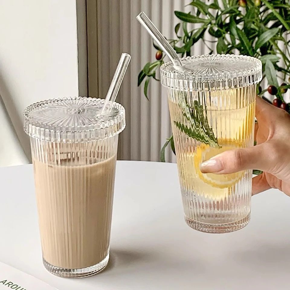 [NEW ARRIVALS !!! ] 2 pcs high quality home kitchen 375Ml Simple Stripe Glass Cup With Lid and Straw