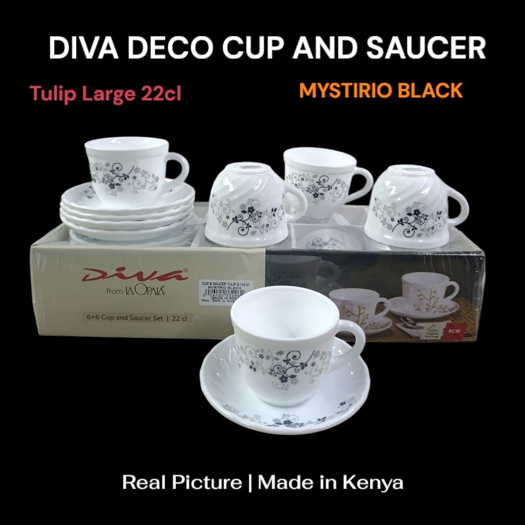 🔥 TODAY OFFER 🔥 Mystirio Black Diva Deco Glass Cup and Saucer 22cl – Elegant Tea & Coffee Cup Set, Heat Resistant Drinking Cup