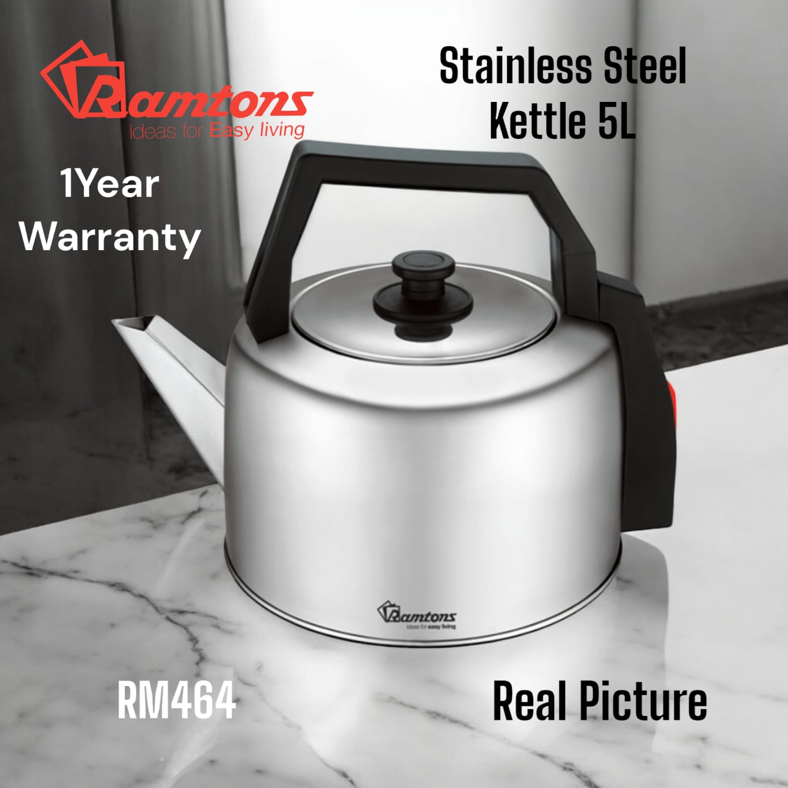 🎁 GIFT OFFER 🎁 Ramtons Stainless Steel Kettle 5L – Energy-Saving Electric Kettle, 1200W, 3-Star Efficiency, Durable & Stylish Home Appliance