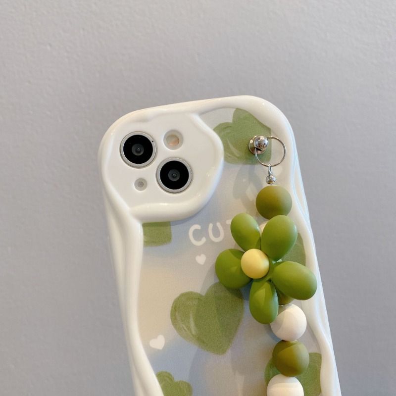 Green Heart Flower Chain Anti-Drop Case For iPhone 17 16 15 Cases Mobile Accessories Phone Case
