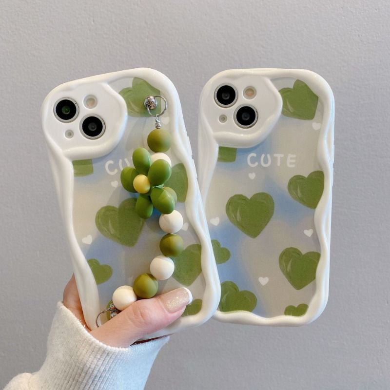 Green Heart Flower Chain Anti-Drop Case For iPhone 17 16 15 Cases Mobile Accessories Phone Case