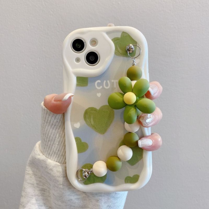 Green Heart Flower Chain Anti-Drop Case For iPhone 17 16 15 Cases Mobile Accessories Phone Case