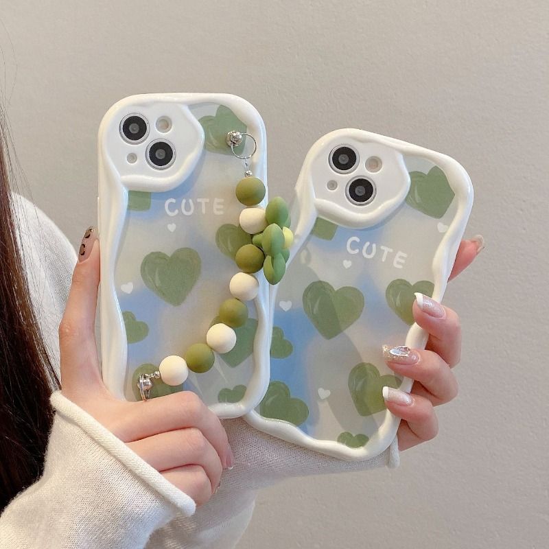 Green Heart Flower Chain Anti-Drop Case For iPhone 17 16 15 Cases Mobile Accessories Phone Case