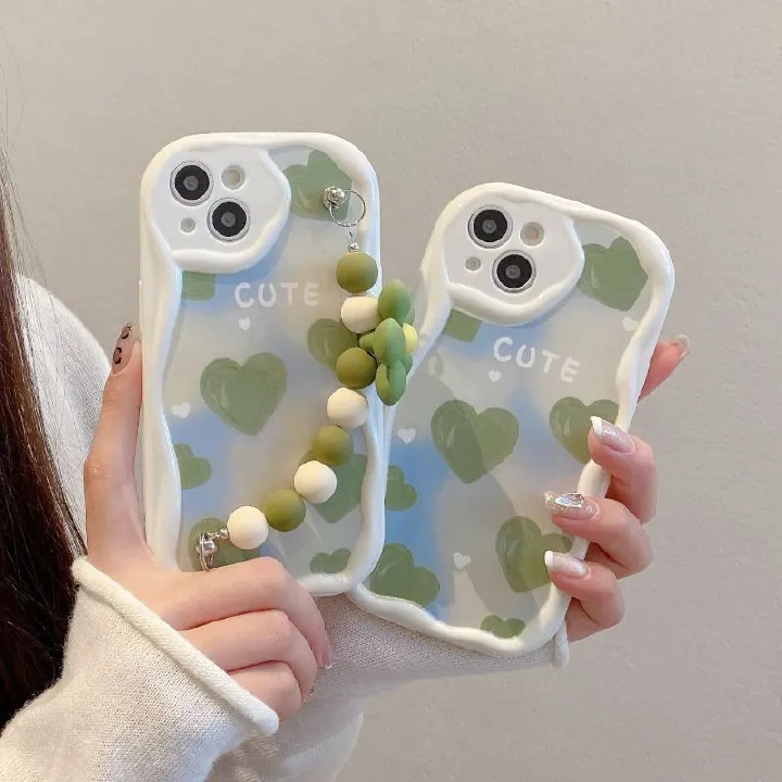 Green Heart Flower Chain Anti-Drop Case For iPhone 17 16 15 Cases Mobile Accessories Phone Case