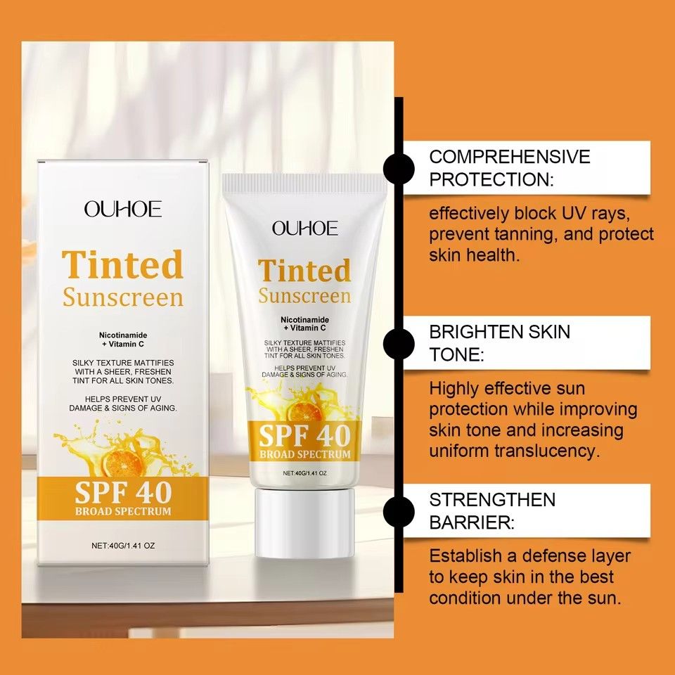 OUHOE Tinted Sunscreen SPF40 Whitening Sunblock Skin Protective Solar Oil-Control Hydrating Antioxidant Glowing Anti Sun Cream
