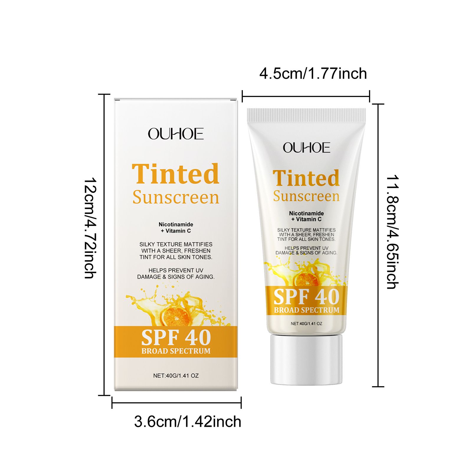 OUHOE Tinted Sunscreen SPF40 Whitening Sunblock Skin Protective Solar Oil-Control Hydrating Antioxidant Glowing Anti Sun Cream