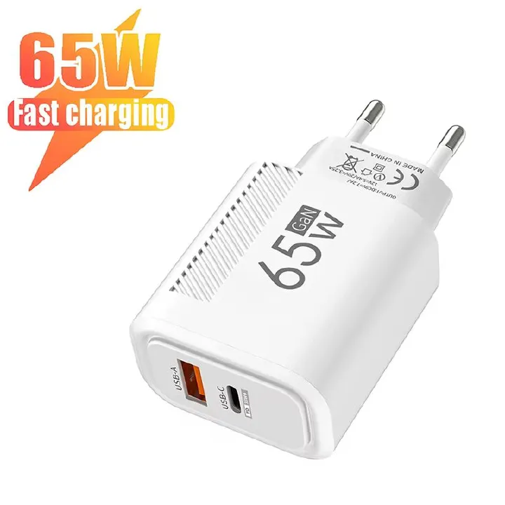 PD 65W GaN Fast USB Charge Charger 2 Ports EU/US Plug Wall Charger Adapter For iPhone Xiaomi Huawei Samsung USB C Phone Charger