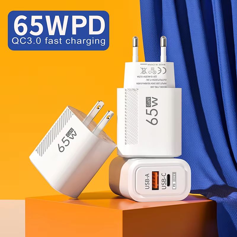PD 65W GaN Fast USB Charge Charger 2 Ports EU/US Plug Wall Charger Adapter For iPhone Xiaomi Huawei Samsung USB C Phone Charger