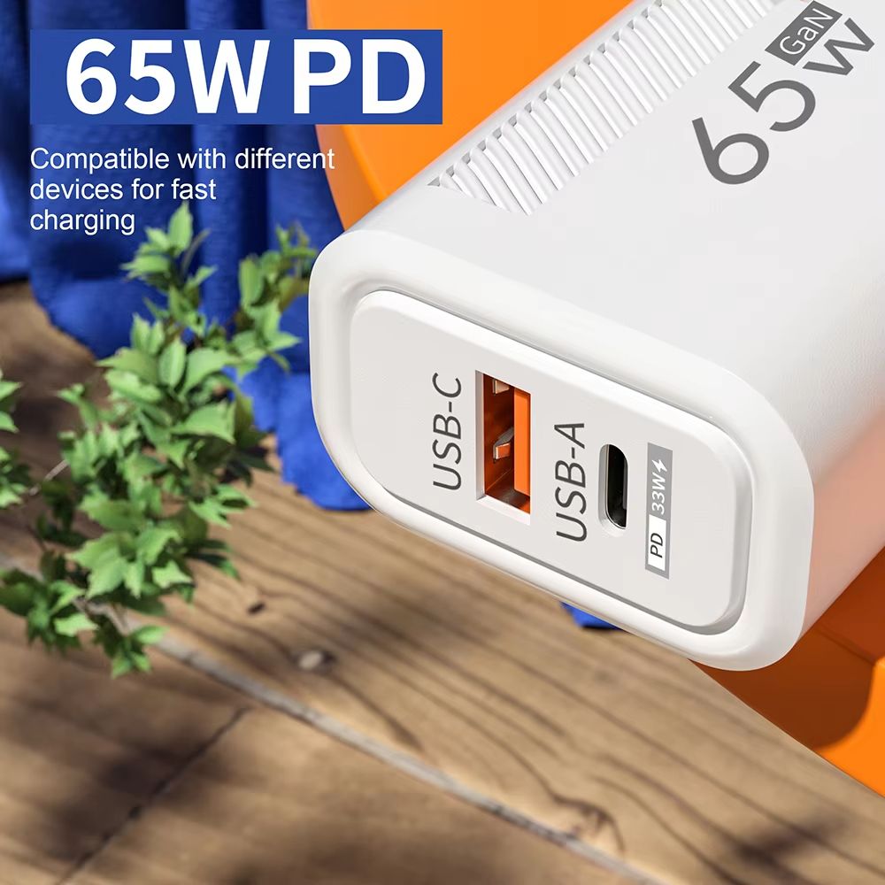 PD 65W GaN Fast USB Charge Charger 2 Ports EU/US Plug Wall Charger Adapter For iPhone Xiaomi Huawei Samsung USB C Phone Charger