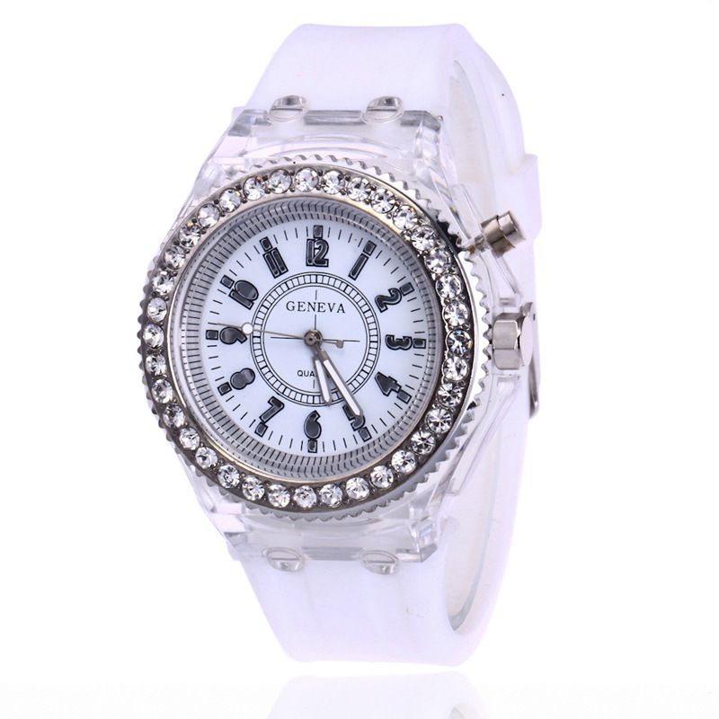 Glow-in-the-dark Watches For Men And Women Personality Rhinestone Led Fashion Male And Female Wrist Watch Student Couple Jelly Quartz Watch White