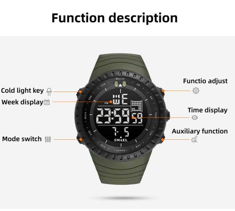 SMAEL Multi-functional Watches Outdoor Men's Waterproof Sports Electronic Watch Luminous Alarm Watch Male Wrist Watch
