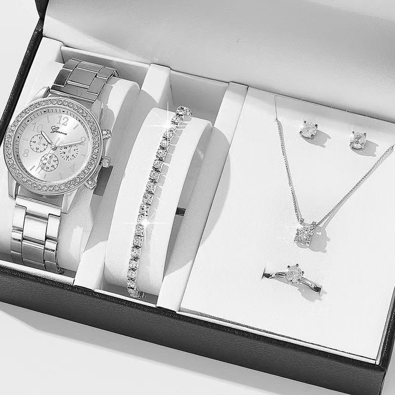 5pcs/set Women's Casual Quartz Watch Jewelry Women's Diamond Watch Ring Necklace Earrings Bracelet Set Wristwatch Female Casual Ladies Quartz Watches