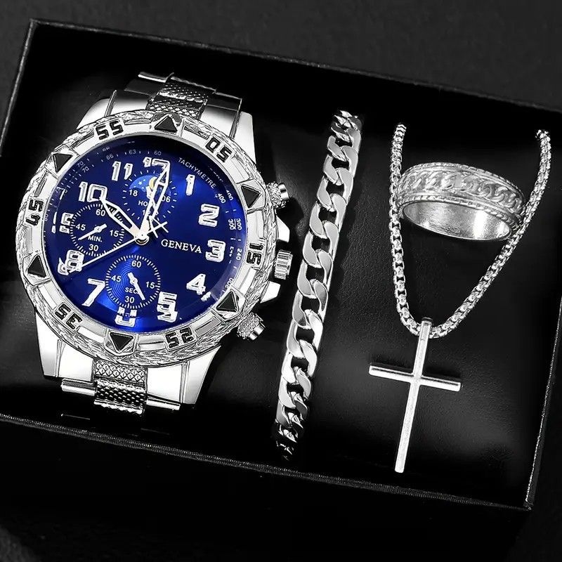 4Pcs/Set Fashion Watch Bracelet Necklace Ring Set Men Watches Men's Watches Quartz Business Watches  Male Wrist Watch Men Light Luxury Business Watches Jewelry
