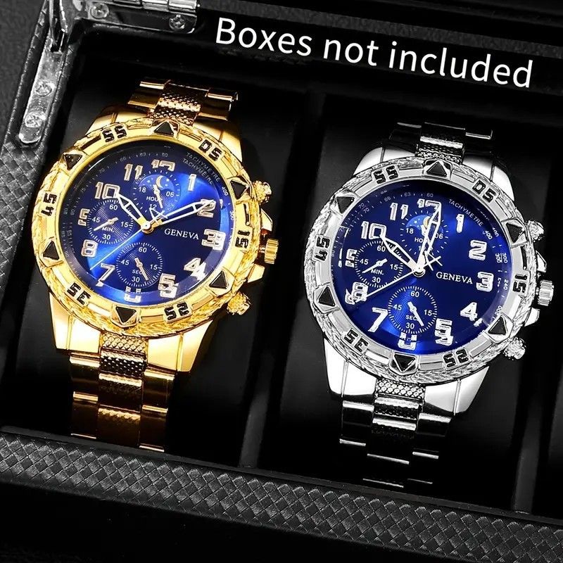 4Pcs/Set Fashion Watch Bracelet Necklace Ring Set Men Watches Men's Watches Quartz Business Watches  Male Wrist Watch Men Light Luxury Business Watches Jewelry