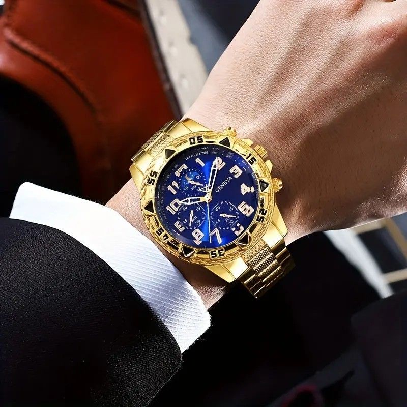 4Pcs/Set Fashion Watch Bracelet Necklace Ring Set Men Watches Men's Watches Quartz Business Watches  Male Wrist Watch Men Light Luxury Business Watches Jewelry