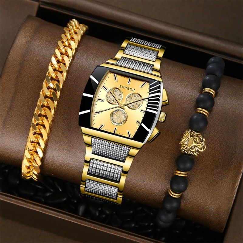 3PCS Steel Strap Men Watches Bracelet Set Quartz Business Men's Watch Male Wrist Watch