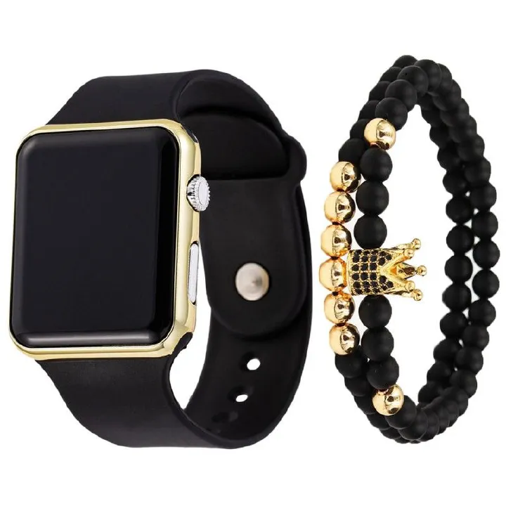 Fashion LED Digital Watch + 2PCS Bracelet Set , Luminous Electroplated Sports Electronic Watch Wrist Watch For Men And Women Crown Charm Bracelet Jewelry Gift Set