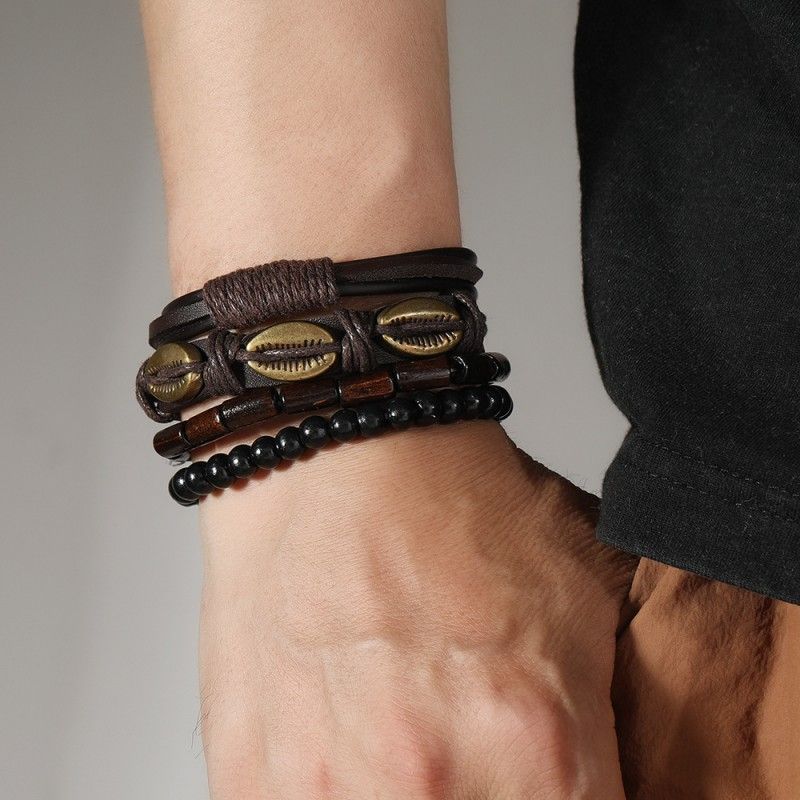 5PCS Watch Bracelet Set For Men Quartz Casual Three-hand PU Leather Watch Male Wrist Watch