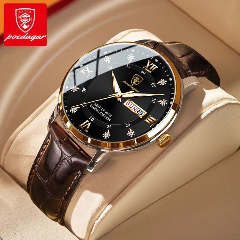 POEDAGAR Brand Waterproof Luminous Watches  For Men and Women Double Calendar Ultra thin Quartz Wrist Watchs Leather Band Student Watche