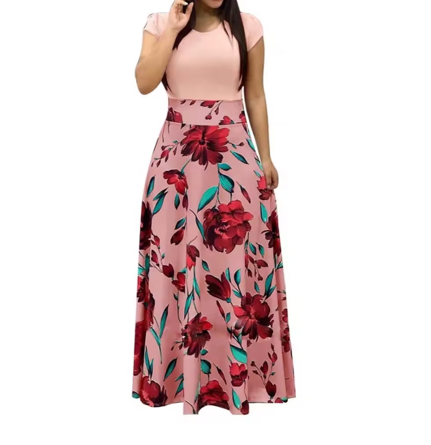 Women dress Printed Splicing Crew Neck Girl Dress Elegant Short Sleeve Slim Waist Pleated Maxi Dress Women's Clothing Fast delivery within 1-5 days