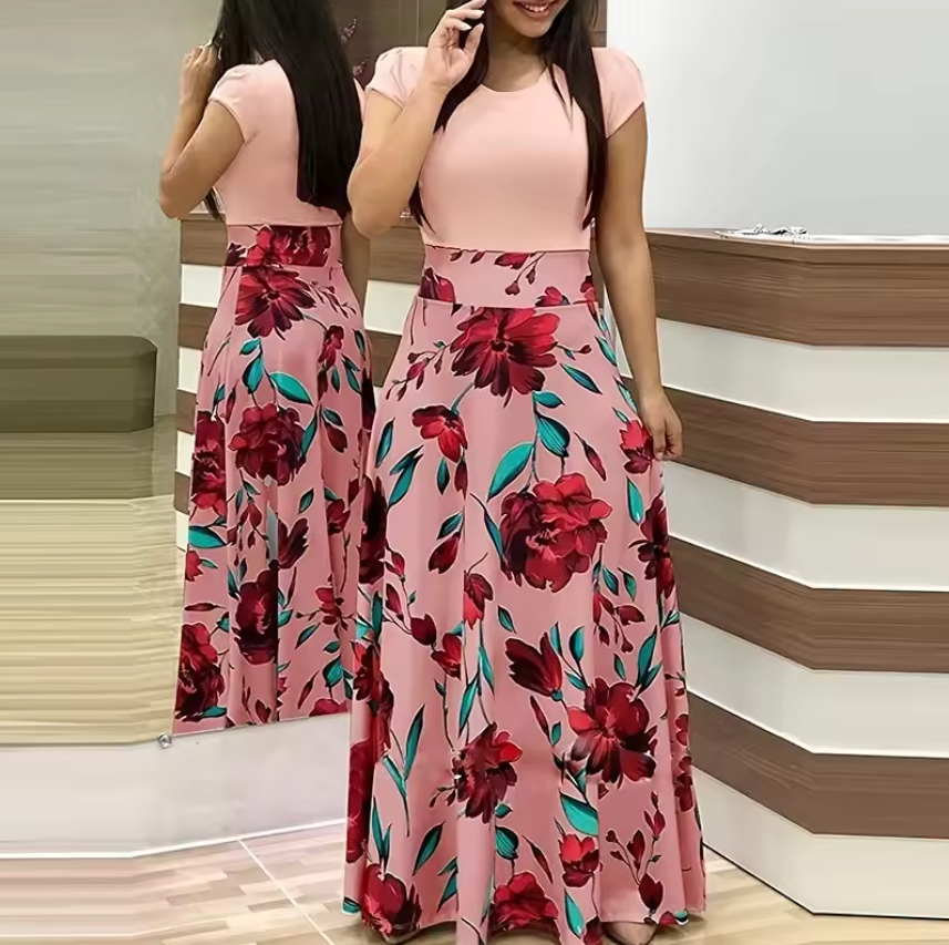 Women dress Printed Splicing Crew Neck Girl Dress Elegant Short Sleeve Slim Waist Pleated Maxi Dress Women's Clothing Fast delivery within 1-5 days