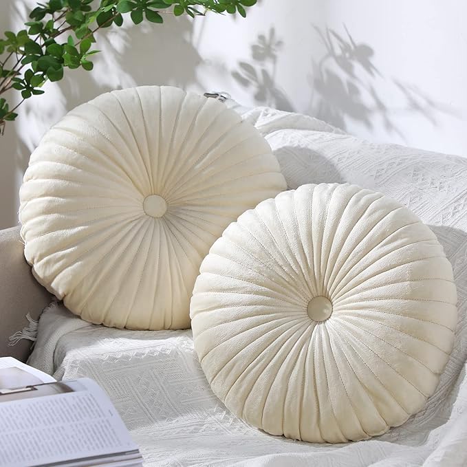 Superfoam Round Throw Pillow Velvet Home Decoration Pleated Round Pillow Cushion for Couch Chair Bed Car
