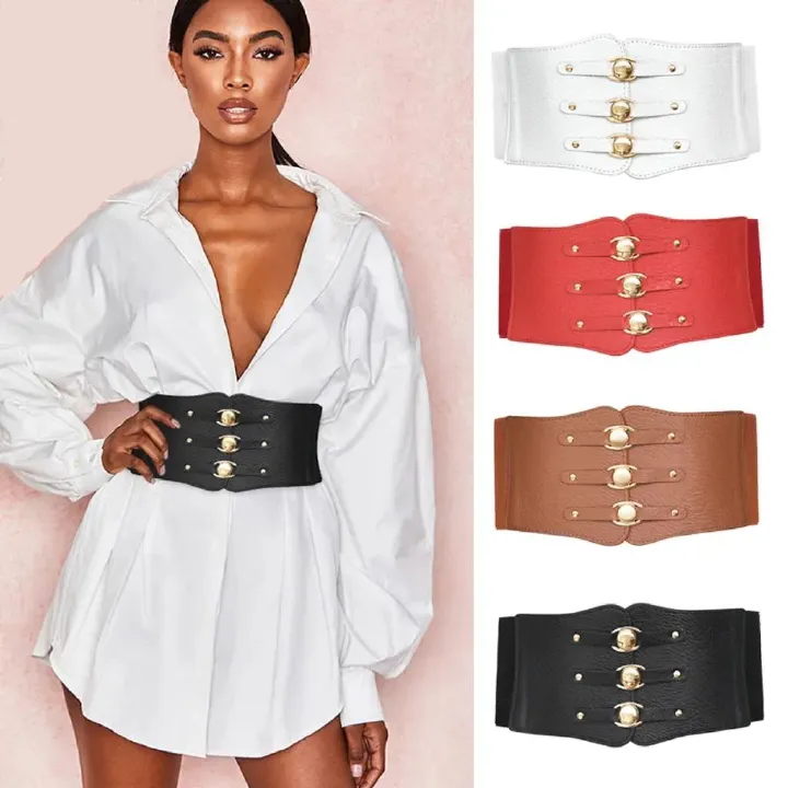 INS style Elastic Wide Corset Belts For Women Waist Belt Female Dress Waistband Big Stretch Belts Corset Belt Wide Elastic Tied Waspie Belts Lace-up Leather Waist Belts