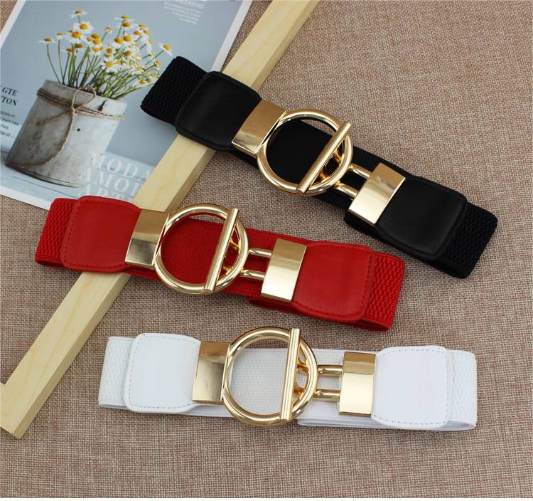 INS style fashionable new dress waist elastic elastic wide simple gold round button women's decorative belts