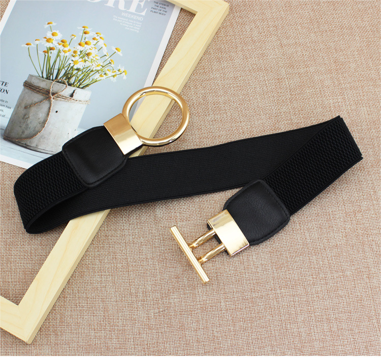 INS style fashionable new dress waist elastic elastic wide simple gold round button women's decorative belts