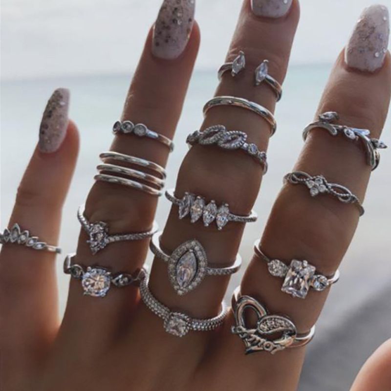 MMSHOP 15PCS Women's Ring Opening Multi Joint Ring Set Love Ring Women's High Quality Accessories Women's Jewelry Set