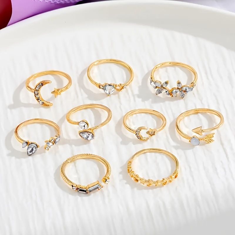 MMSHOP Fashion Lady Alloy ladies Love ladies rings diamond flower Jewellery 9 Pieces / set MMSHOP Amazon Hot Sale Gold as picture Rrings