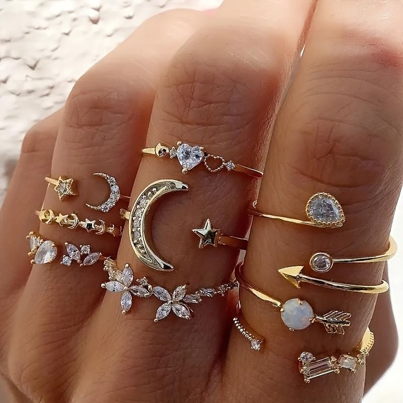 MMSHOP Fashion Lady Alloy ladies Love ladies rings diamond flower Jewellery 9 Pieces / set MMSHOP Amazon Hot Sale Gold as picture Rrings