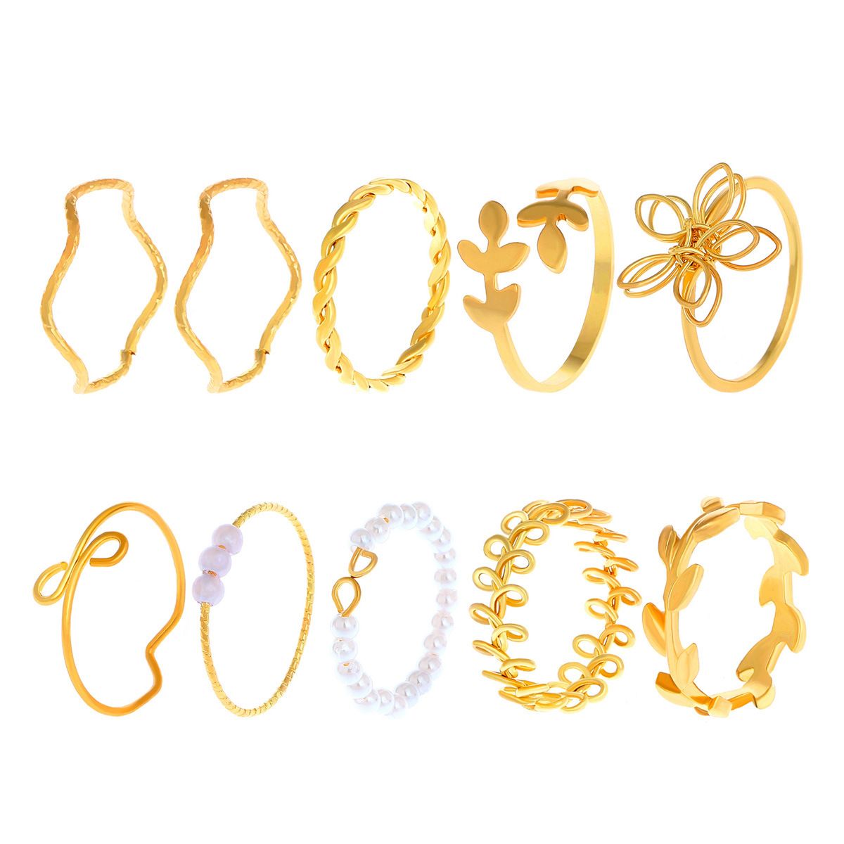 MMSHOP Fashion Lady Alloy ladies pearl Love Flower Shaped Pearl ladies rings Jewellery 10 Pieces / set MMSHOP Amazon Hot Sale Gold as picture