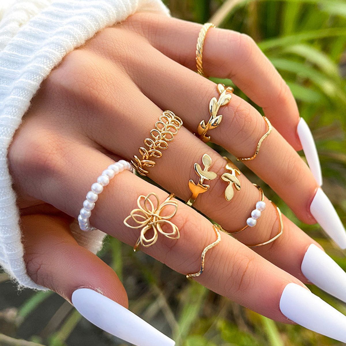 MMSHOP Fashion Lady Alloy ladies pearl Love Flower Shaped Pearl ladies rings Jewellery 10 Pieces / set MMSHOP Amazon Hot Sale Gold as picture