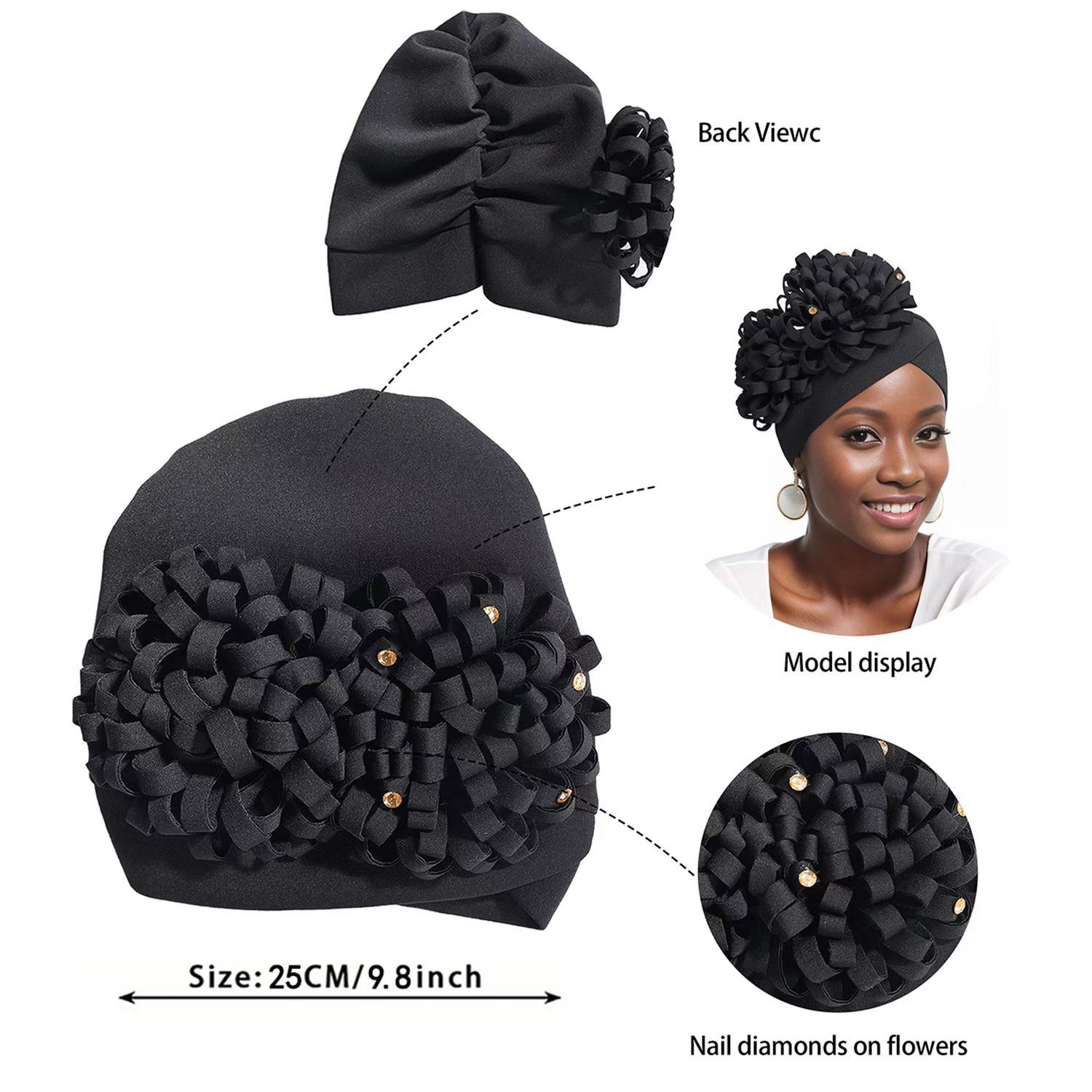 Women's headscarf  New style fashionable women's flower studded rhinestone turban hat stylish head covering hat elastic