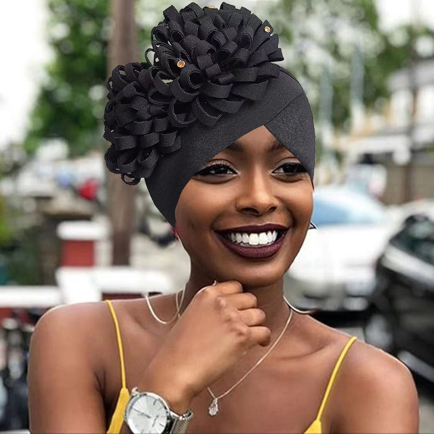 Women's headscarf  New style fashionable women's flower studded rhinestone turban hat stylish head covering hat elastic