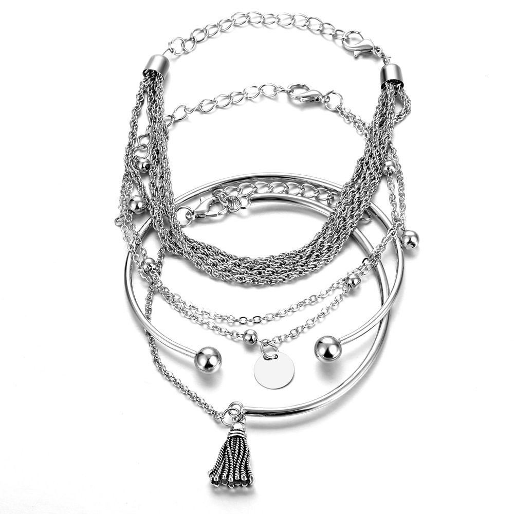 4PCS Fashion Bracelets Sets for Women Silver Layered Tassel Pendant Charms Hand Chain Stackable Wrap Bangle Bracelet Jewelry Accessories
