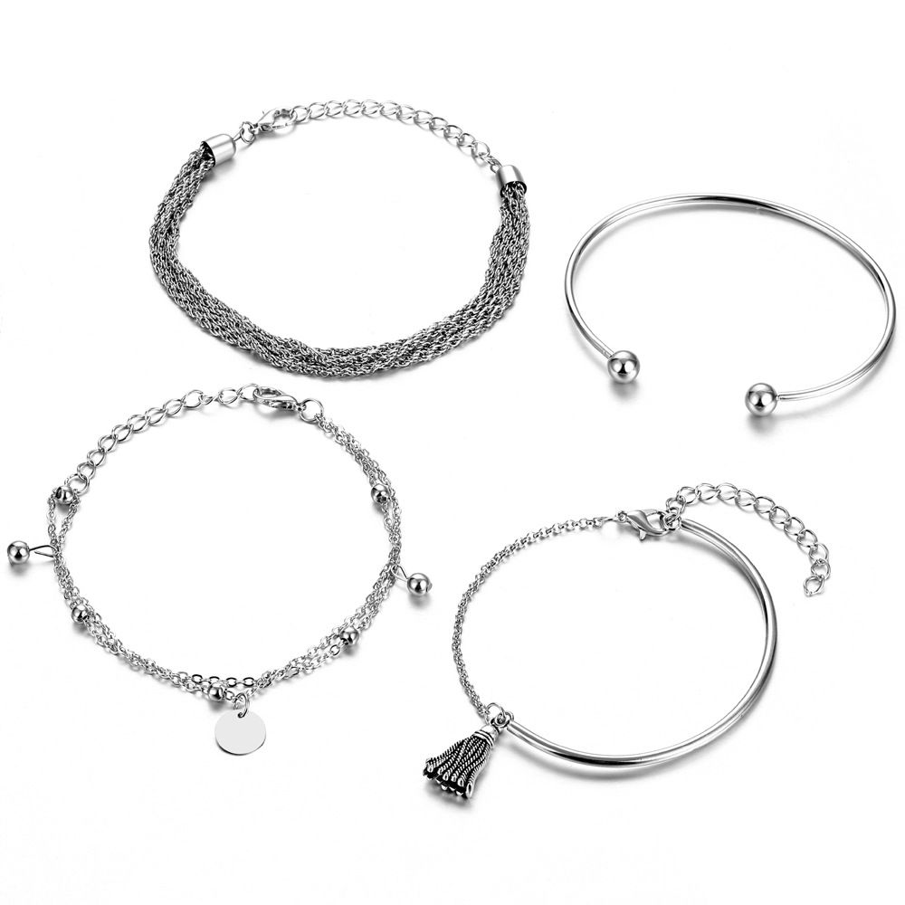 4PCS Fashion Bracelets Sets for Women Silver Layered Tassel Pendant Charms Hand Chain Stackable Wrap Bangle Bracelet Jewelry Accessories