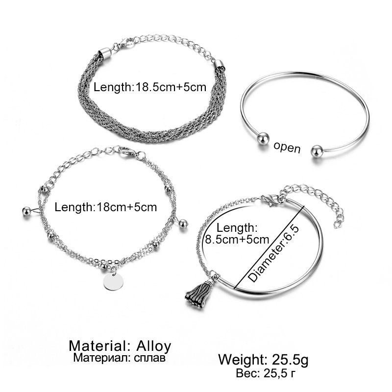 4PCS Fashion Bracelets Sets for Women Silver Layered Tassel Pendant Charms Hand Chain Stackable Wrap Bangle Bracelet Jewelry Accessories